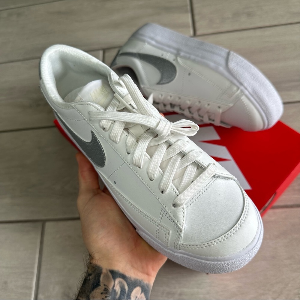 NIKE BLAZER LOW WHITE SILVER PLATFORM SNEAKERS - Picture 2 of 4